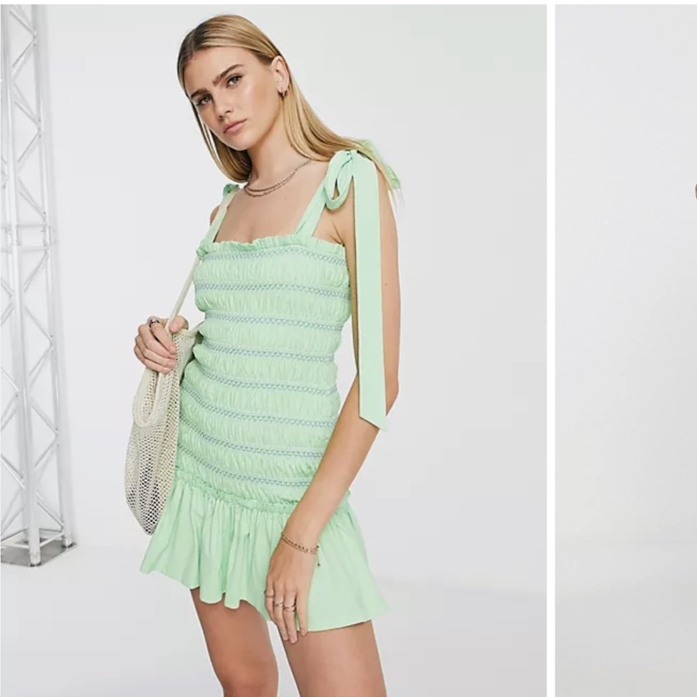 ASOS Design shirted mini sundress with tie shoulders and embroidery in green